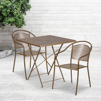 Flash Furniture CO-28SQF-03CHR2-GD-GG 28" Square Steel Folding Patio Table Set with 2 Round Back Chairs in Gold